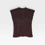 JONES + CO chocolate brown sleeveless crewneck top in textured cotton boucle with hand crocheted picot trim