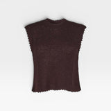 JONES + CO chocolate brown sleeveless crewneck top in textured cotton boucle with hand crocheted picot trim