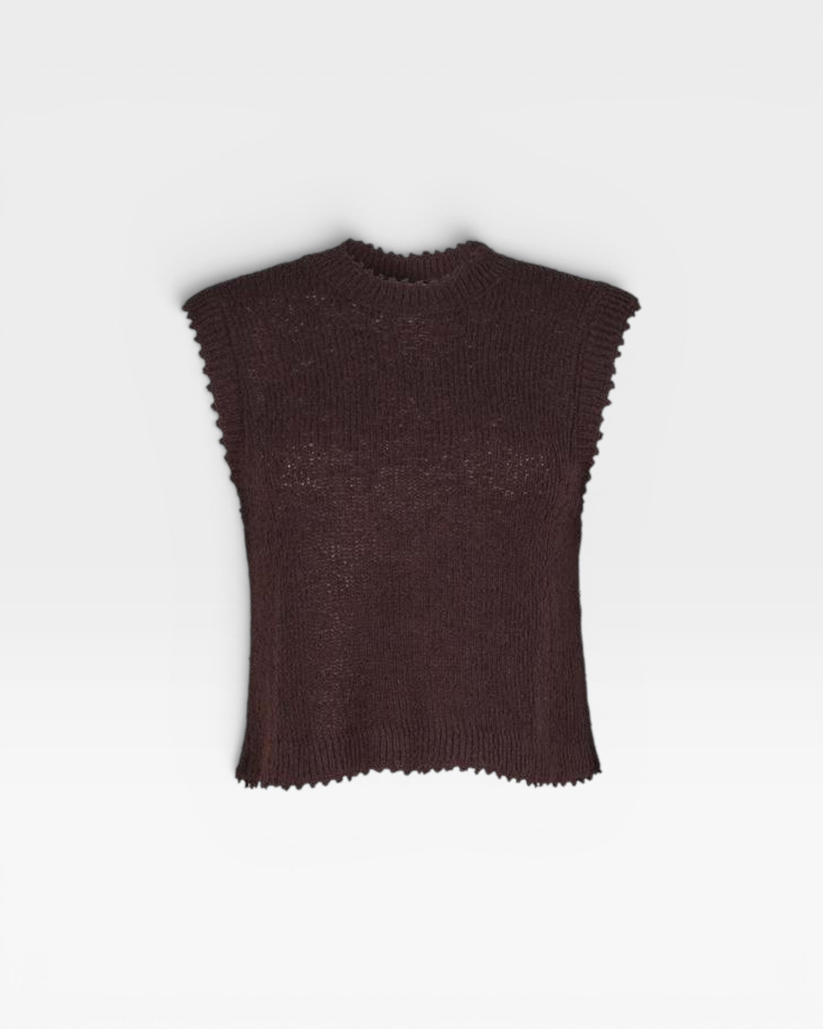 JONES + CO chocolate brown sleeveless crewneck top in textured cotton boucle with hand crocheted picot trim
