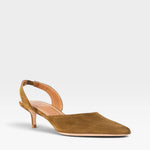 JONES + CO Sebastian cigar brown nappa leather slingback heels with a pointed toe and mid-height kitten heel.