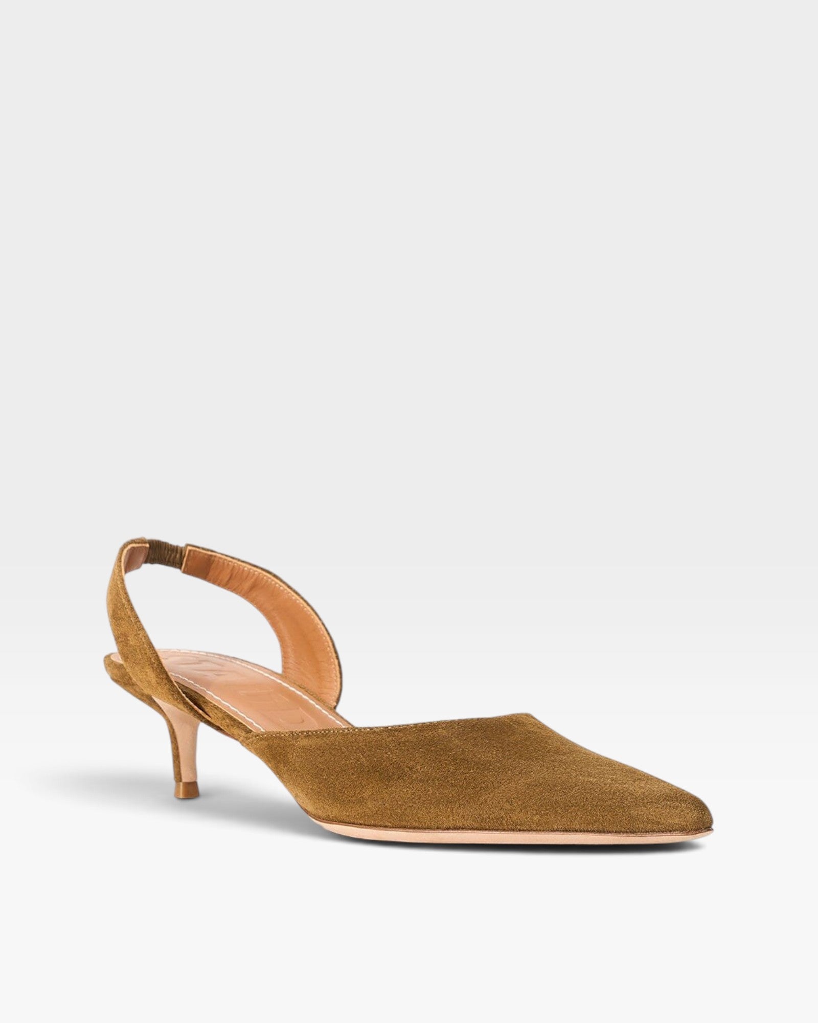JONES + CO Sebastian cigar brown nappa leather slingback heels with a pointed toe and mid-height kitten heel.