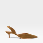 JONES + CO Sebastian cigar brown nappa leather slingback heels with a pointed toe and mid-height kitten heel.