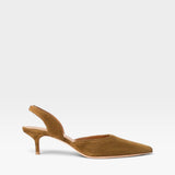 JONES + CO Sebastian cigar brown nappa leather slingback heels with a pointed toe and mid-height kitten heel.