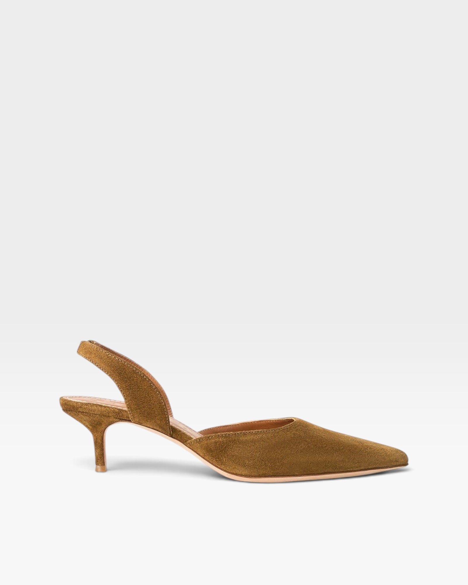 JONES + CO Sebastian cigar brown nappa leather slingback heels with a pointed toe and mid-height kitten heel.