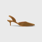 JONES + CO Sebastian slingback heels in cigar brown suede with a pointed toe and slim kitten heel.