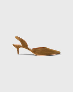 JONES + CO Sebastian slingback heels in cigar brown suede with a pointed toe and slim kitten heel.