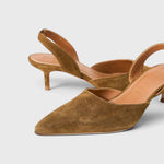 JONES + CO Sebastian slingback heels in cigar brown suede with a pointed toe and slim kitten heel.