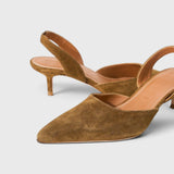 JONES + CO Sebastian slingback heels in cigar brown suede with a pointed toe and slim kitten heel.