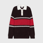 JONES + CO polo jumper in cinder brown alpaca-wool blend with red and white rugby stripes and a white cotton collar.