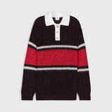 JONES + CO polo jumper in cinder brown alpaca-wool blend with red and white rugby stripes and a white cotton collar.