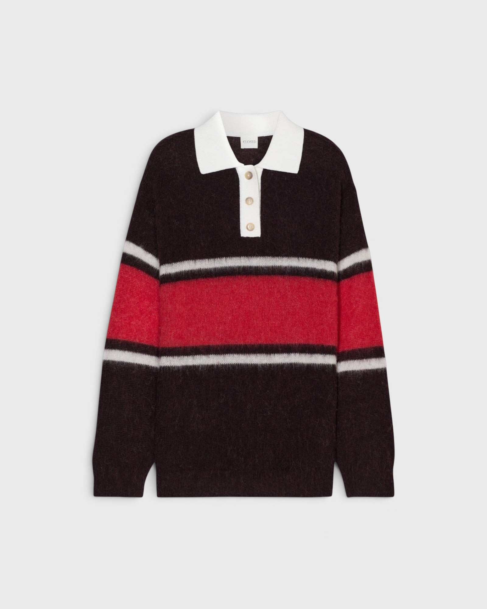 JONES + CO polo jumper in cinder brown alpaca-wool blend with red and white rugby stripes and a white cotton collar.