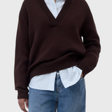 JONES + CO cinder brown wool-blend V-neck jumper with ribbed trims worn over a light blue striped shirt and jeans.
