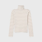 JONES + CO Cindy long sleeve turtleneck top in natural cream with thin black horizontal stripes