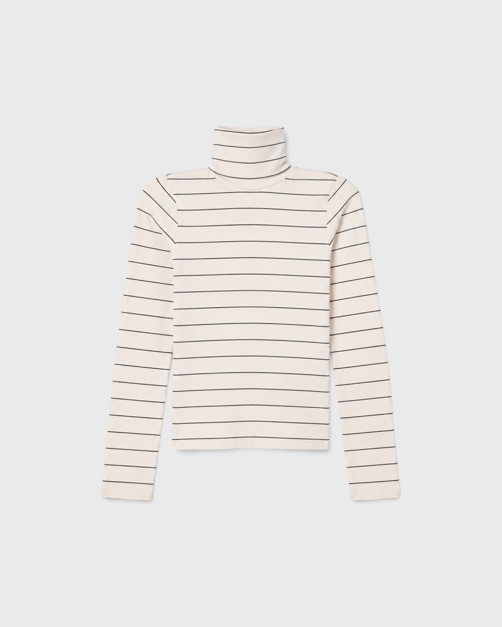 JONES + CO Cindy long sleeve turtleneck top in natural cream with thin black horizontal stripes