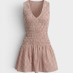 JONES + CO Palomar mini dress in cinnamon and white check cotton with a shirred bodice and V-neckline