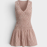 JONES + CO Palomar mini dress in cinnamon and white check cotton with a shirred bodice and V-neckline