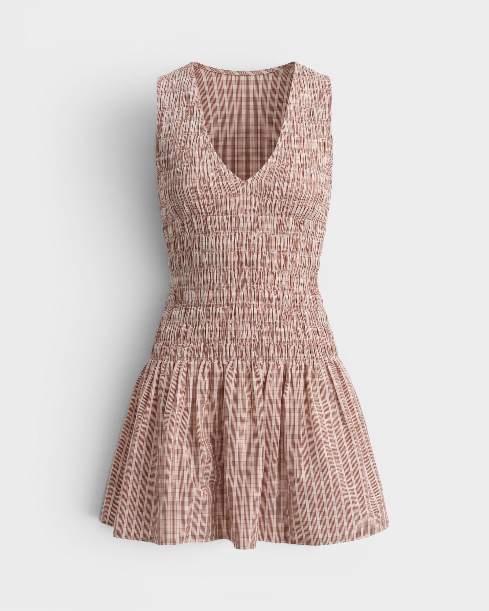 JONES + CO Palomar mini dress in cinnamon and white check cotton with a shirred bodice and V-neckline