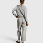 JONES + CO Claud travel track pants in heather grey cotton fleece with ivory side stripe detail, back view