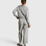 JONES + CO Claud travel track pants in heather grey cotton fleece with ivory side stripe detail, back view