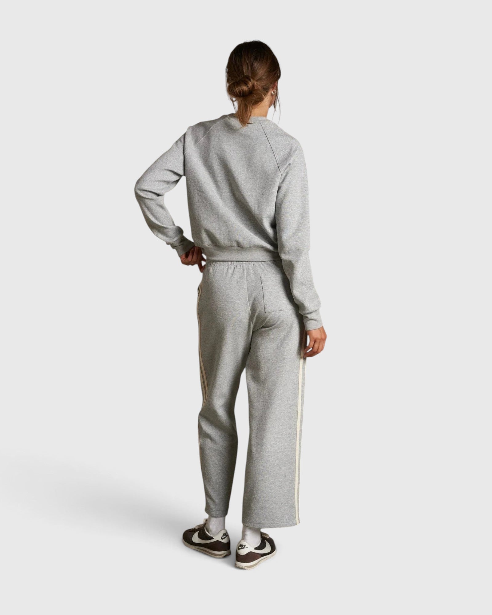 JONES + CO Claud travel track pants in heather grey cotton fleece with ivory side stripe detail, back view