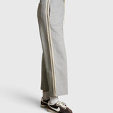 JONES + CO Claud heather grey cotton fleece track pants with ivory side stripes and drawstring waist, side view