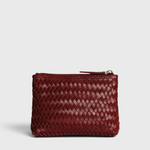 JONES + CO Cleo Pouch in woven burgundy leather. Small zip pouch for essentials.