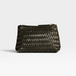 JONES + CO Cleo Pouch, a small zip pouch in handwoven dark green leather for organizing essentials.