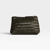 JONES + CO Cleo Pouch, a small zip pouch in handwoven dark green leather for organizing essentials.