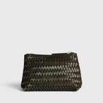 JONES + CO Cleo Pouch, a small zip pouch in handwoven dark green leather for organizing essentials.