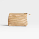 JONES + CO Cleo Pouch, small woven leather zip pouch in natural tan color, perfect for organizing essentials.
