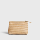 JONES + CO Cleo Pouch, small woven leather zip pouch in natural tan color, perfect for organizing essentials.