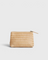 JONES + CO Cleo Pouch, small woven leather zip pouch in natural tan color, perfect for organizing essentials.