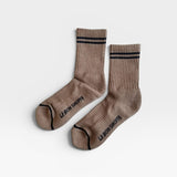 JONES + CO cocoa brown Boyfriend Socks with contrast black double stripes and ribbed texture for everyday wear.