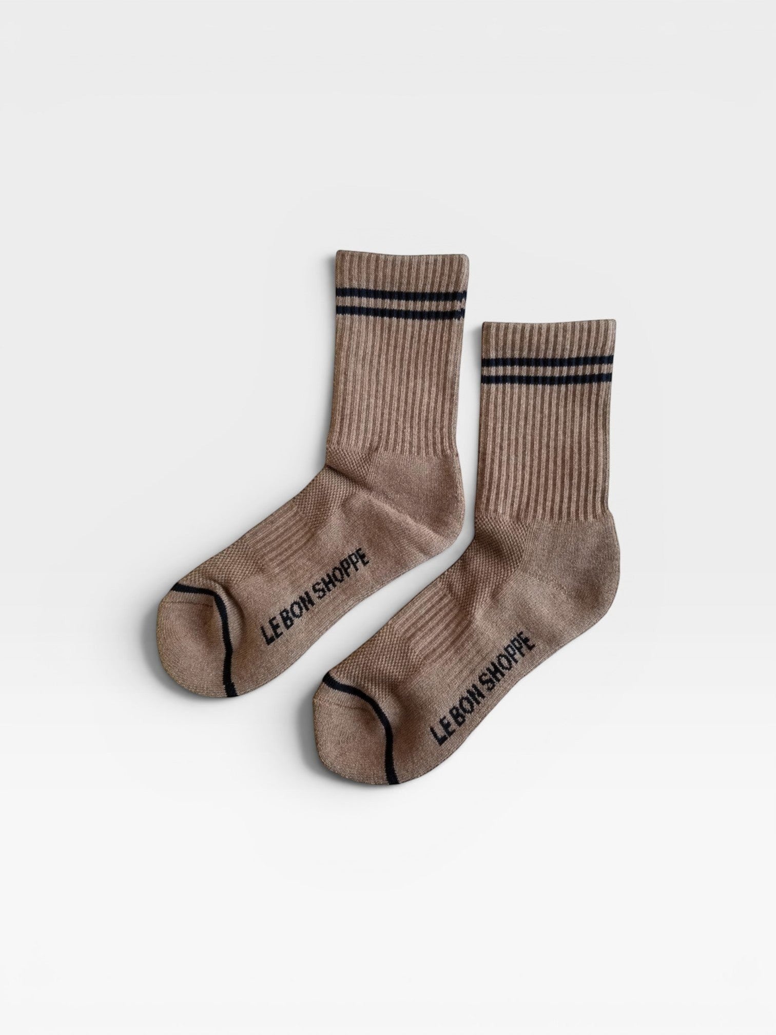 JONES + CO cocoa brown Boyfriend Socks with contrast black double stripes and ribbed texture for everyday wear.