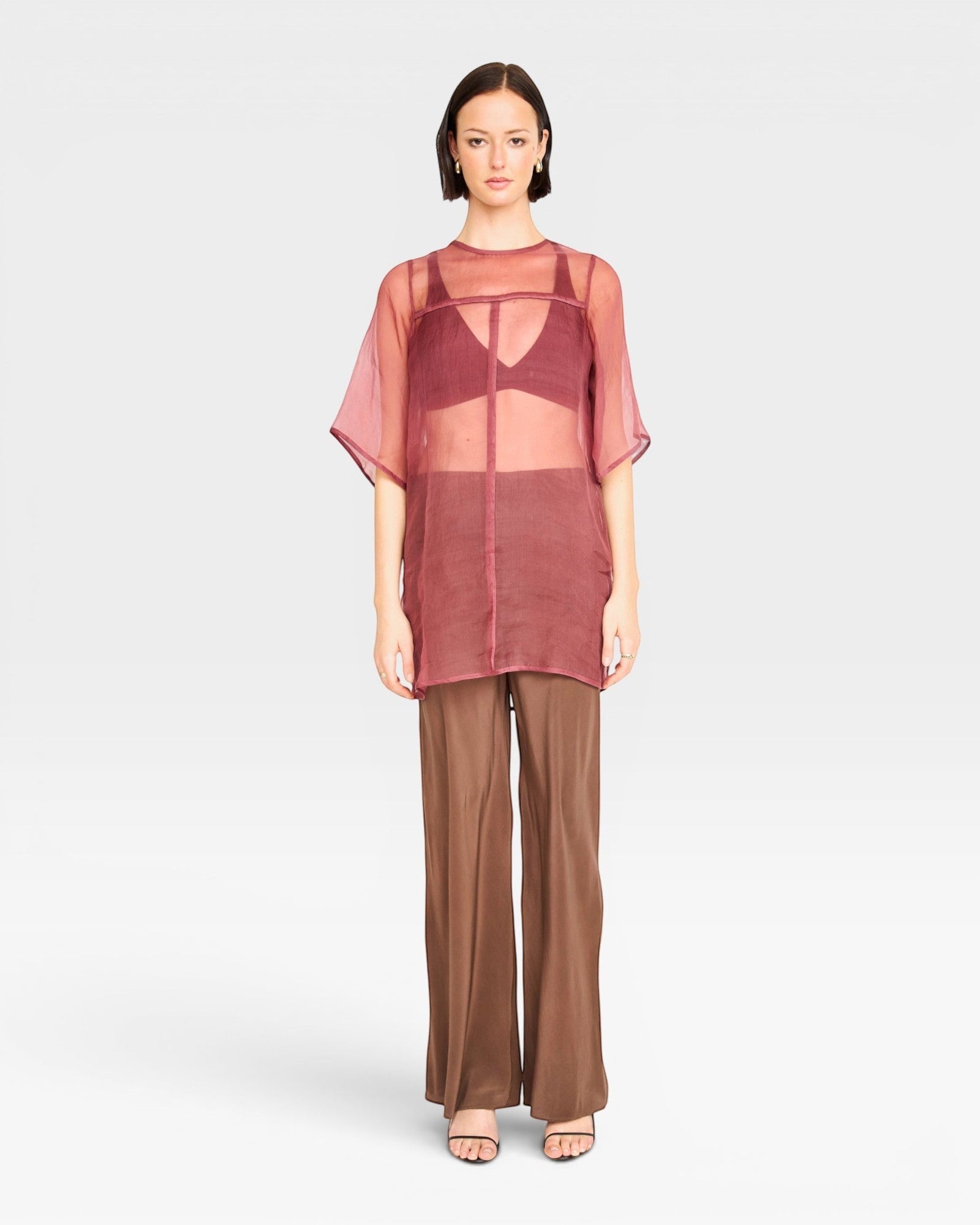 JONES + CO Cocoa silk wide-leg pants with a relaxed fit and high waist. Model wears size S.