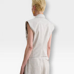JONES + CO Comeau grey speckled double-breasted vest with peak lapels, shown from the back on a model.