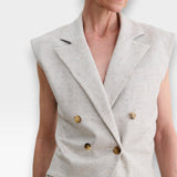 JONES + CO Comeau double-breasted grey speckled suiting vest with peak lapels and horn-look buttons.