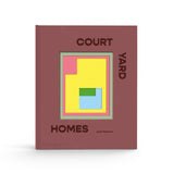 JONES + CO Courtyard Homes hardcover book featuring a minimalist geometric cover design in muted red, yellow, and blue.