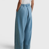 JONES + CO Coxsone wide-leg pleated trousers in celeste blue organic cotton with an elasticated back waistband.
