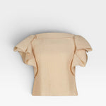 JONES + CO cream linen blend top with pleated flutter sleeves and textured fabric.