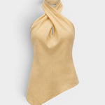 JONES + CO Maria Top in daffodil yellow linen with a halter neck, twisted front detail, and asymmetrical hemline.