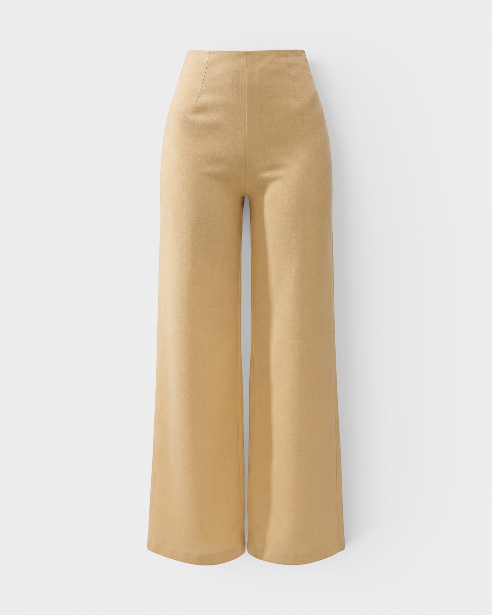 JONES + CO Syna high-rise wide leg pants in daffodil yellow linen with a smooth fitted waist and cropped length