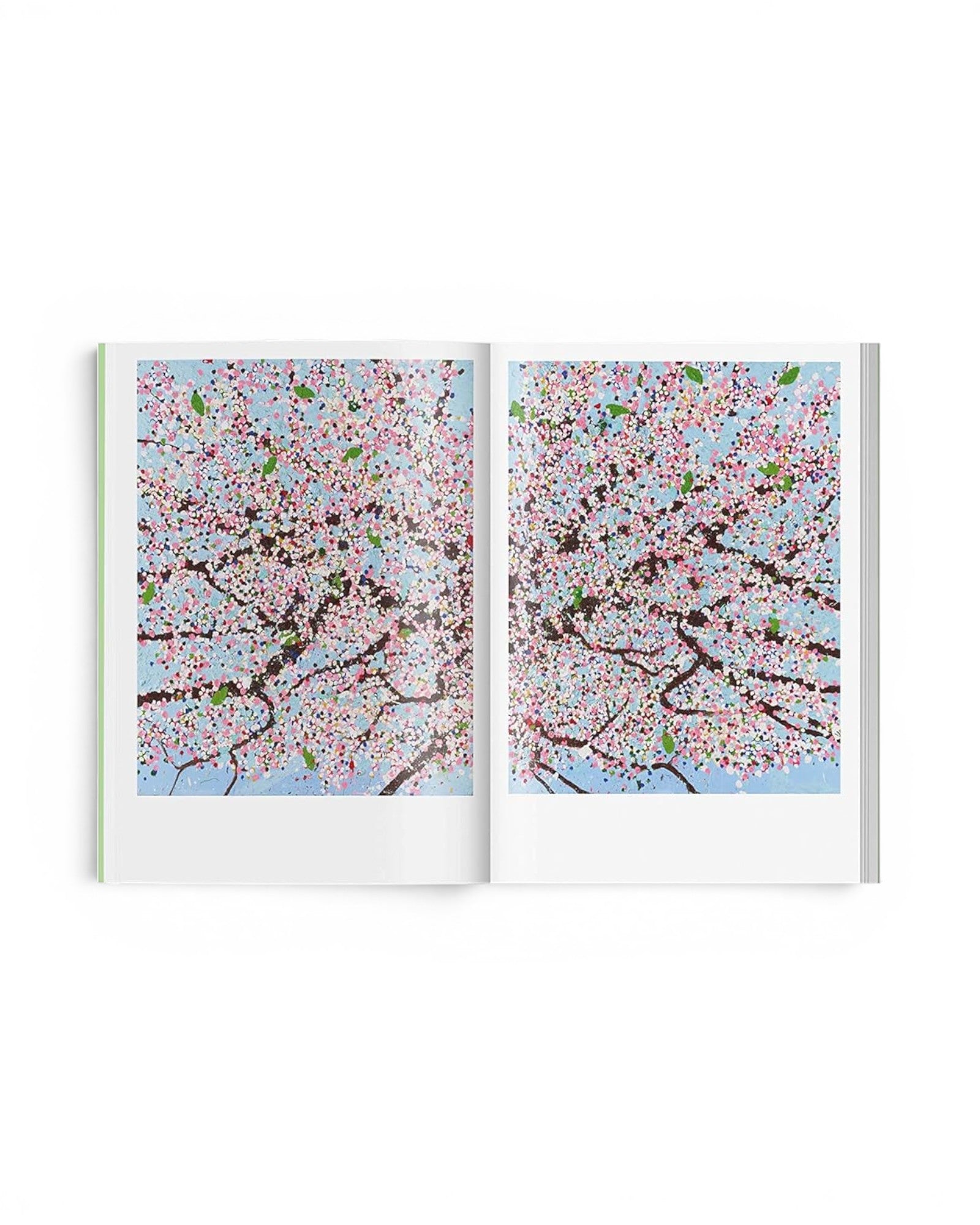 JONES + CO Damien Hirst Cherry Blossoms art book open to a spread featuring vibrant pink and blue floral paintings