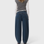 JONES + CO dark blue barrel-fit jeans in premium lyocell-cotton denim with a mid-rise waist and cropped leg length.