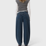 JONES + CO dark blue barrel-fit jeans in premium lyocell-cotton denim with a mid-rise waist and cropped leg length.