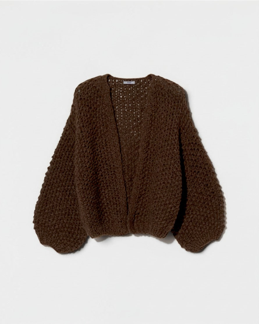 JONES + CO dark brown chunky alpaca bomber cardigan featuring a textured pearl knit pattern and relaxed fit.