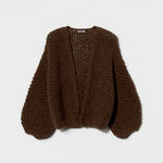 JONES + CO dark brown chunky alpaca bomber cardigan featuring a textured pearl knit pattern and relaxed fit.