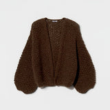 JONES + CO dark brown chunky alpaca bomber cardigan featuring a textured pearl knit pattern and relaxed fit.