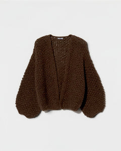 JONES + CO dark brown chunky alpaca bomber cardigan featuring a textured pearl knit pattern and relaxed fit.