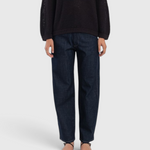 JONES + CO dark indigo high-rise relaxed-fit jeans with outseam piecing and a rounded leg silhouette